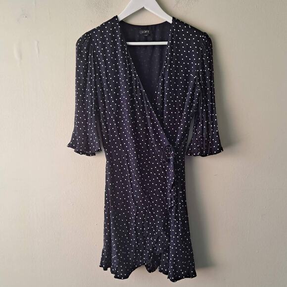 Loft Navy Blue Polka Dotted Short Bell Sleeve Ruffle Wrap Romper Dress - Size 2 - Picture 3 of 13